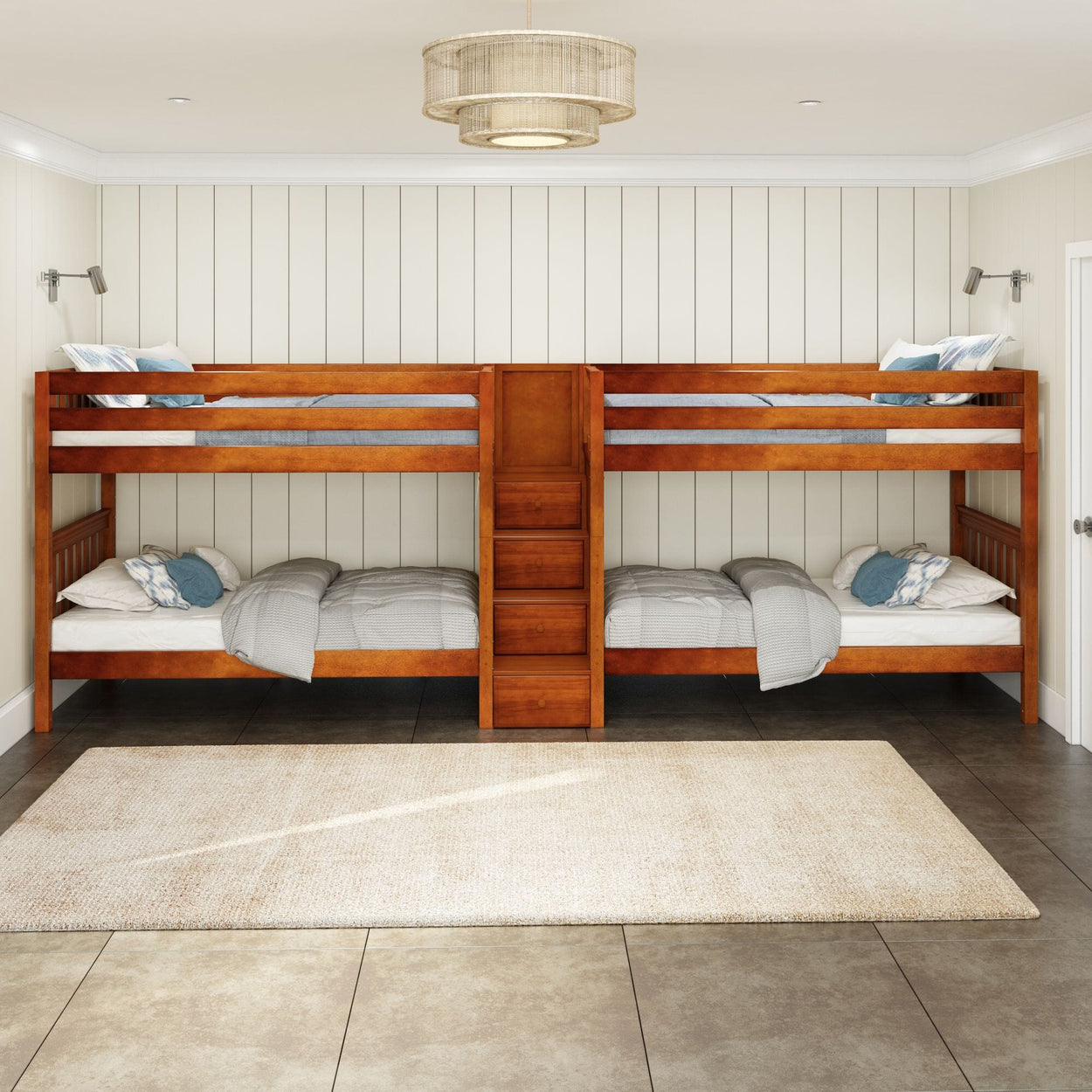 Four-person wooden bunk bed in a modern bedroom with neutral decor and natural lighting.