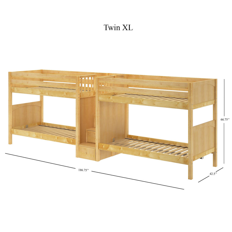 Twin XL wooden bunk bed with built-in storage drawers, slatted platforms and guardrails in natural maple finish — 186.75″ L x 42.5″ W x 66.75″ H