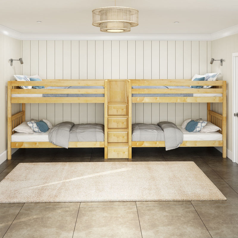 Neutral kids' bedroom with natural wood bunk beds, gray bedding, blue accent pillows, vertical shiplap walls and woven pendant light