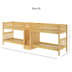 Twin XL wooden bunk bed with detailed dimensions, featuring a natural finish and sturdy slats for enhanced support.