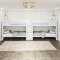 White bunk bed set with four beds and ladder in a modern bedroom.