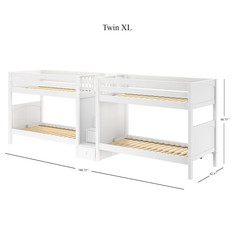 White wooden Twin XL bunk bed with built-in stair storage and drawers, slatted mattress platforms, space‑saving loft design for kids and teens, 186.75" x 42.5" x 66.75
