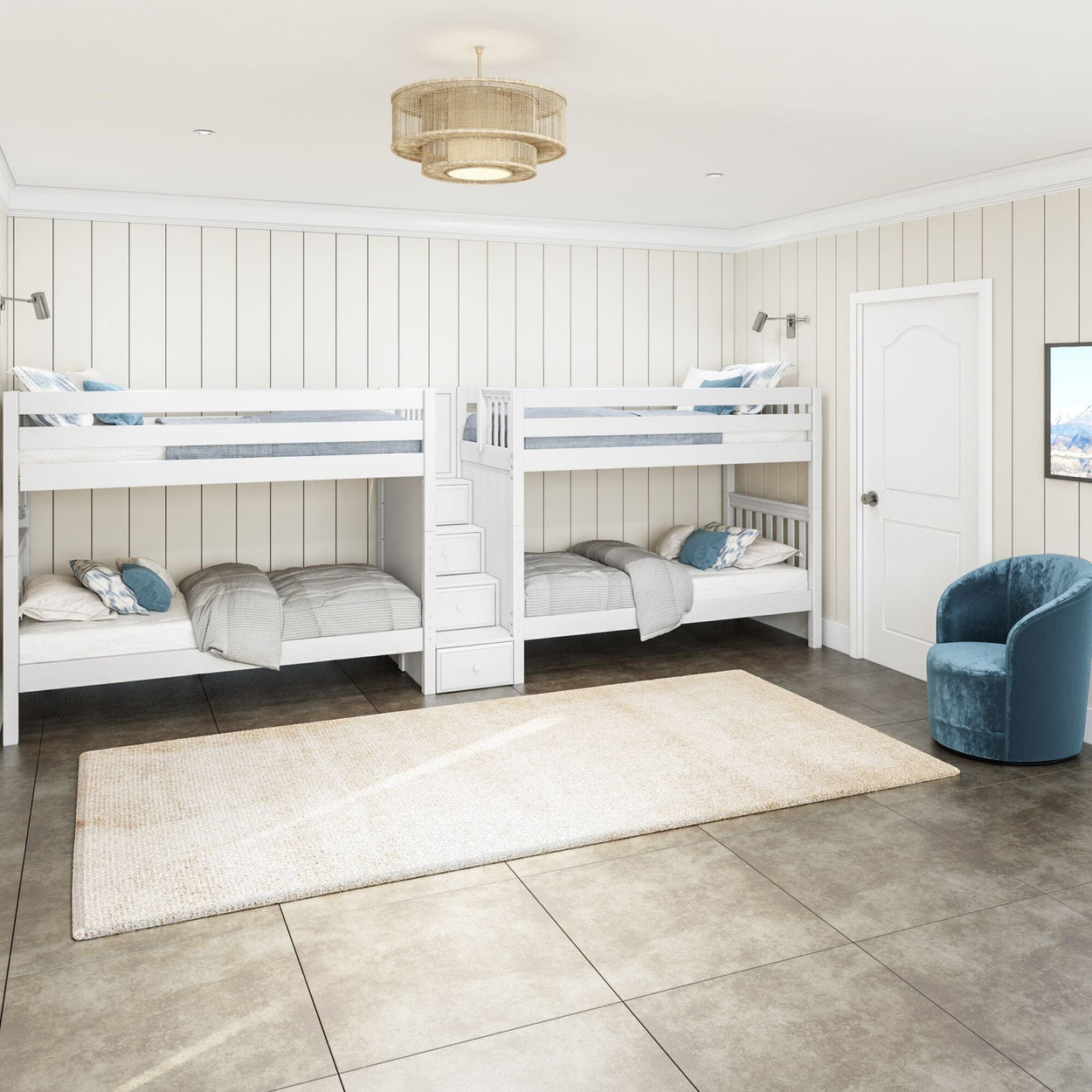 Four white bunk beds with gray bedding in a spacious, modern bedroom featuring a plush beige rug and stylish blue armchair.