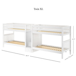 Twin XL white wooden bunk bed with attached storage shelves and dimensions.