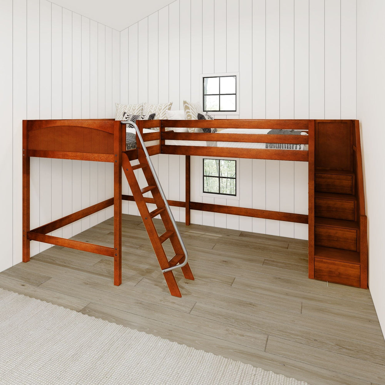 Loft bed with wooden ladder and stairs in a modern bedroom with white walls and wooden flooring.
