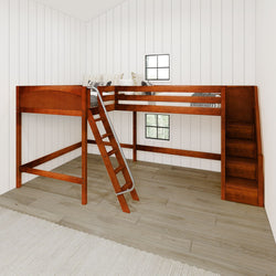 Loft bed with wooden ladder and stairs in a modern bedroom with white walls and wooden flooring.