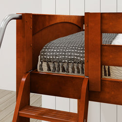 Wooden bunk bed with rustic brown finish and patterned gray bedding.