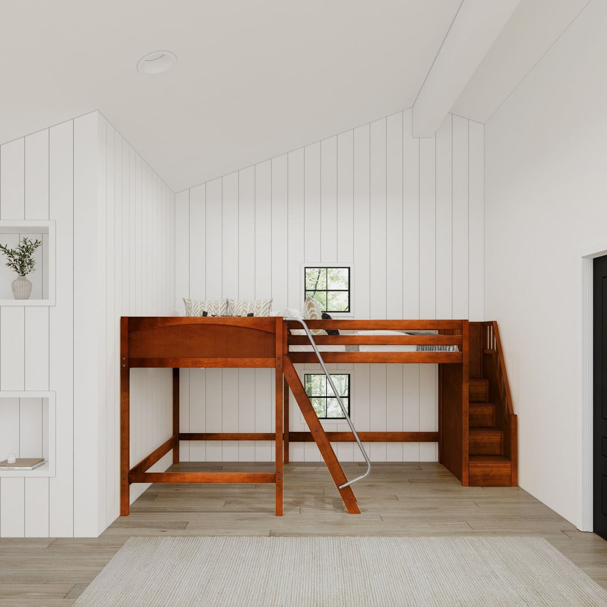 Modern wooden loft bed with ladder and built-in stairs in a minimalist bedroom setting.