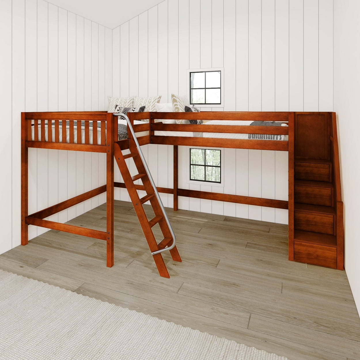 Wooden loft bed with ladder and storage steps in modern bedroom with white panel walls.