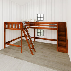 Wooden loft bed with ladder and storage steps in modern bedroom with white panel walls.