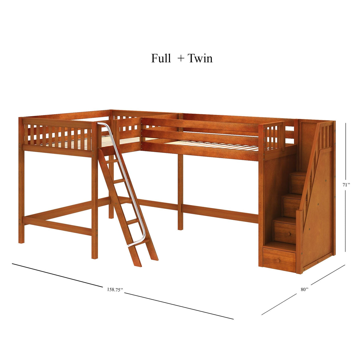 L-shaped full and twin loft bed with ladder and stairway, dimensions 158.75 x 80 x 71 inches, wooden design.