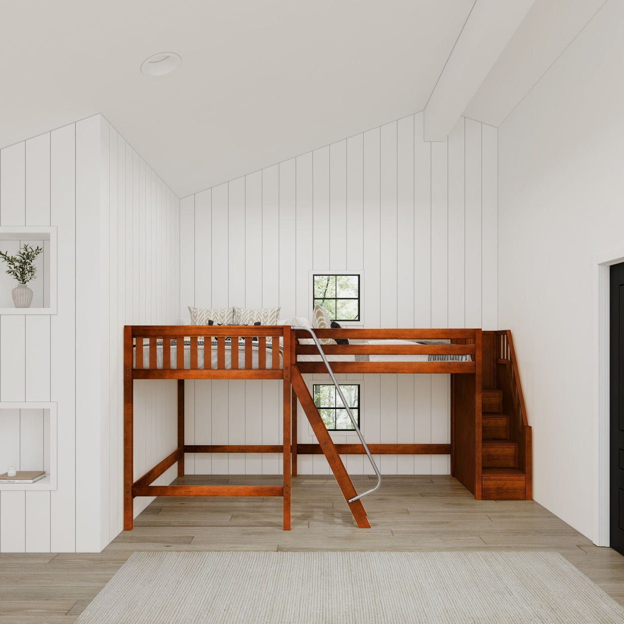 Stylish wooden loft bed with ladder and built-in stairs in modern white bedroom.