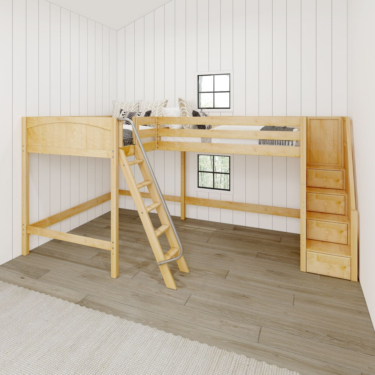 Modern wooden loft bed with ladder and built-in storage solutions in cozy bedroom setting.