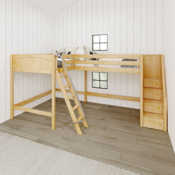 Modern wooden loft bed with ladder and built-in storage solutions in cozy bedroom setting.