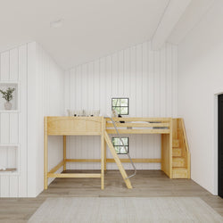 Modern kids loft bed with slide and stairs in a bright, white-themed bedroom.