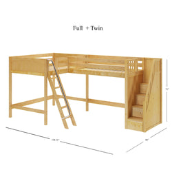Wooden L-shaped full and twin bunk bed with ladder and storage stairs, dimensions shown.