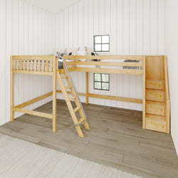 Loft bed with built-in storage and ladder in modern bedroom.