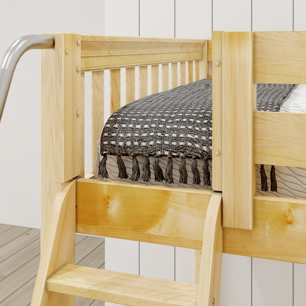 Wooden bunk bed with gray blanket and ladder for kids' bedroom decor.