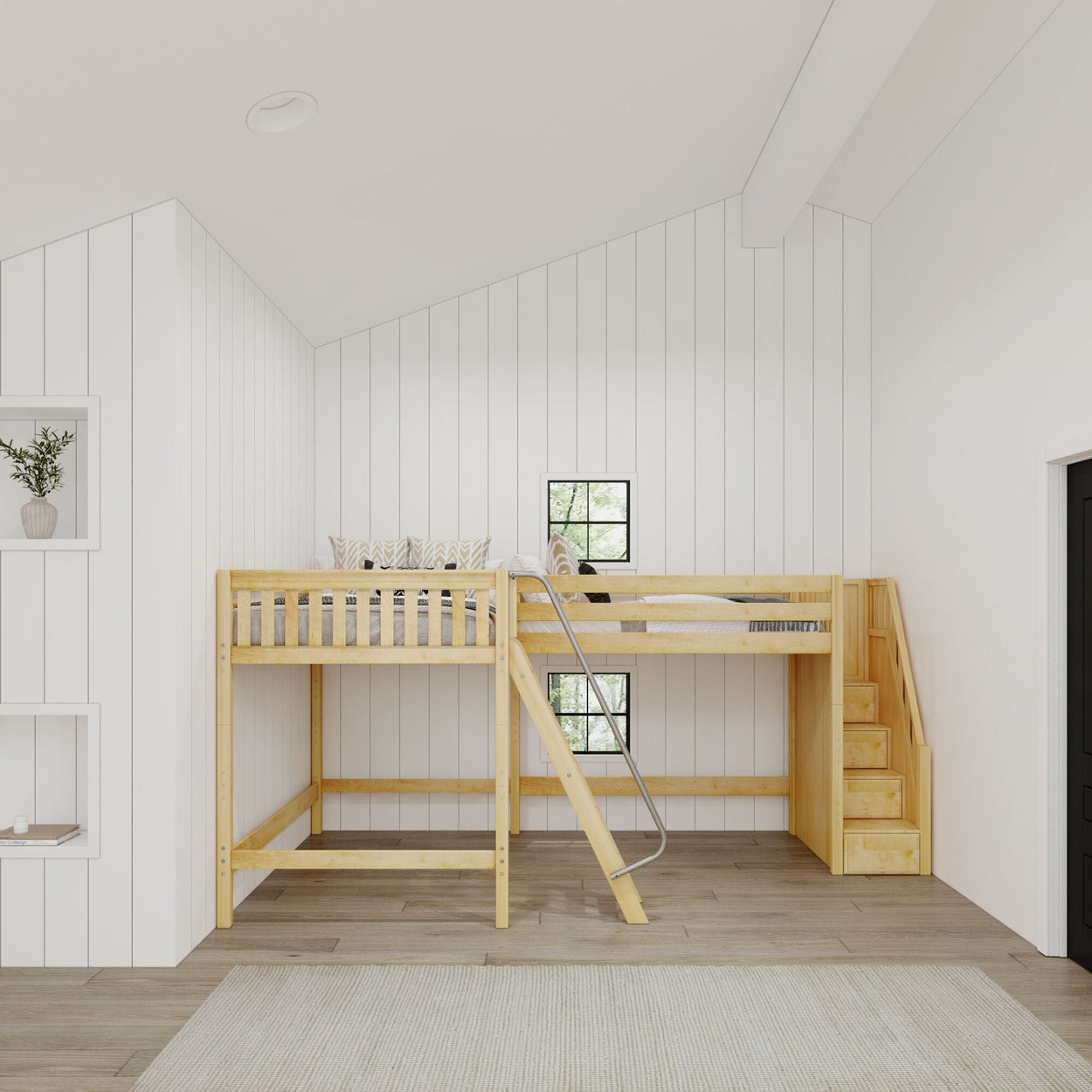 Modern kids' loft bed with slide and staircase in a bright, minimalist bedroom.