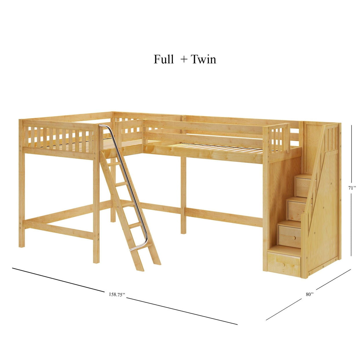 Wooden loft bunk bed with ladder and stairs, full and twin size, ideal space-saving solution for kids' rooms.