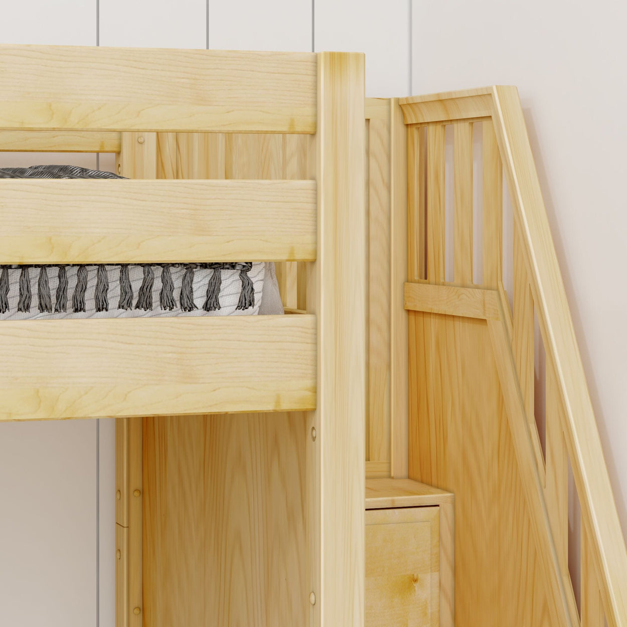 Wooden bunk bed with built-in storage and stairs, ideal for kids' bedroom furniture.