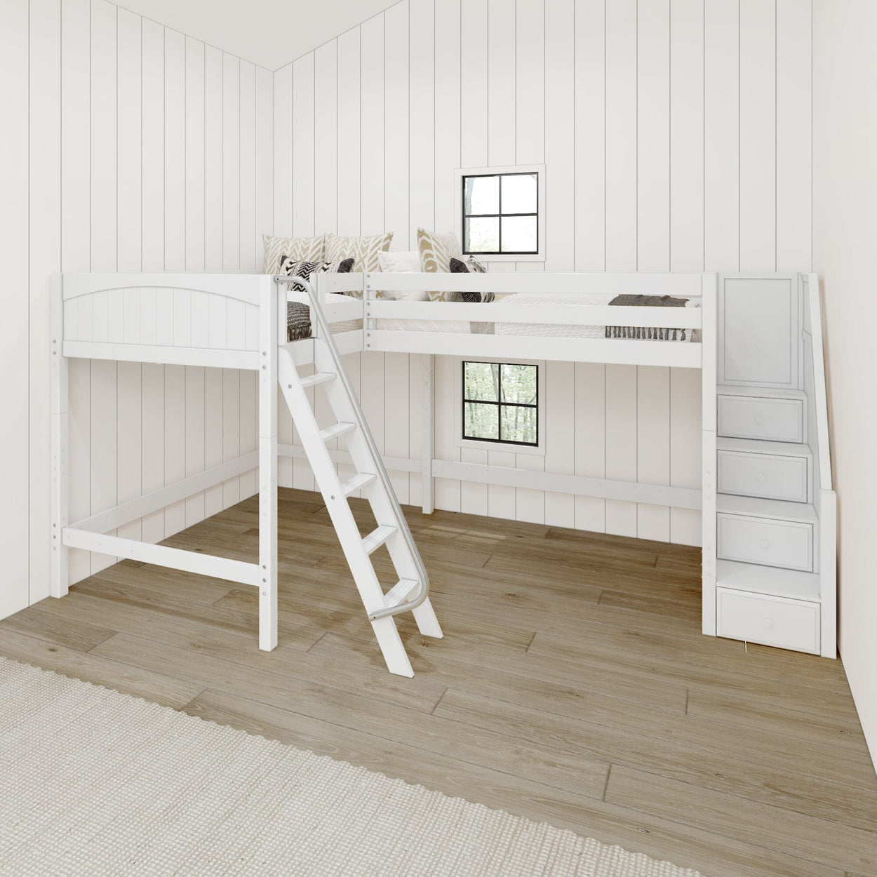 White loft bed with built-in staircase and storage drawers in modern bedroom.