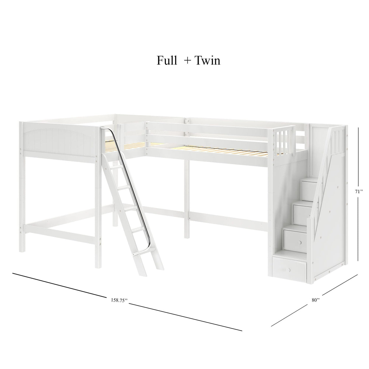 White full and twin L-shaped loft bed with built-in ladder and staircase drawers, ideal for maximizing space in kids' bedrooms.