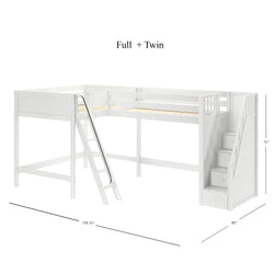 White full and twin L-shaped loft bed with built-in ladder and staircase drawers, ideal for maximizing space in kids' bedrooms.