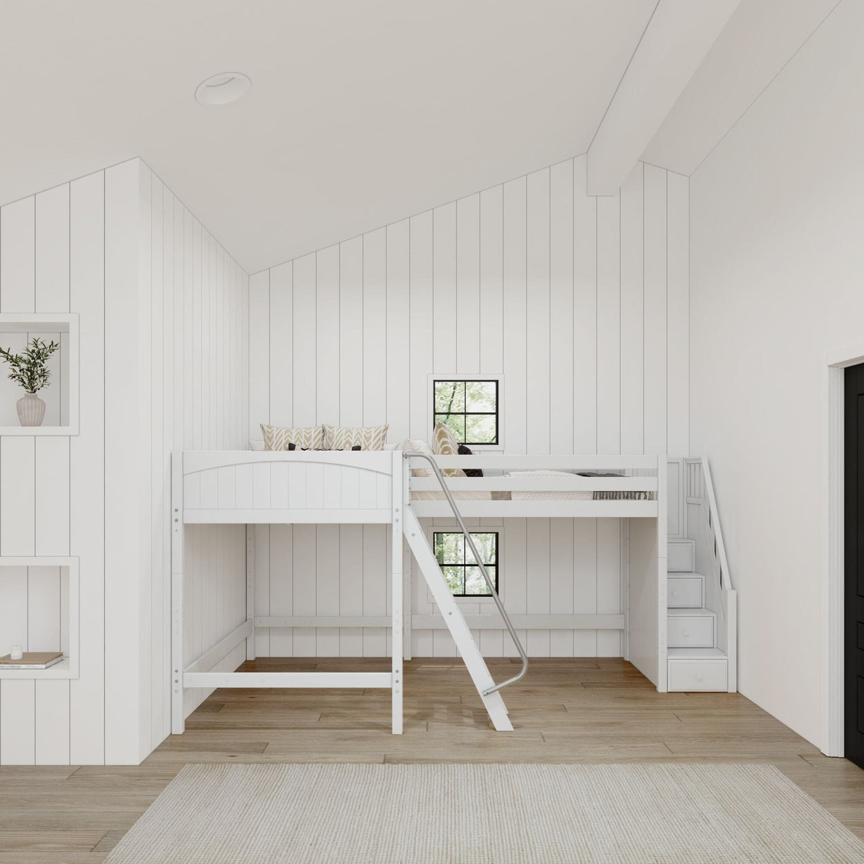 White modern loft bed in a stylish minimalist bedroom with wood flooring and natural light.