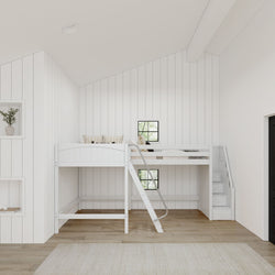 White modern loft bed in a stylish minimalist bedroom with wood flooring and natural light.
