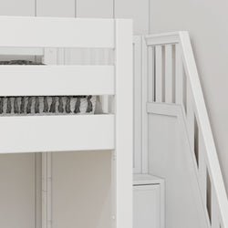 White wooden bunk bed with storage stairs and decorative bedding in a modern bedroom.
