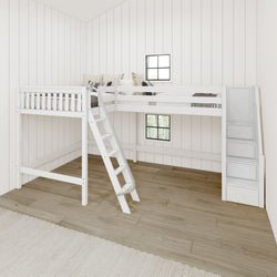 White corner loft bunk bed with built-in storage drawers and ladder in a modern minimalist bedroom.