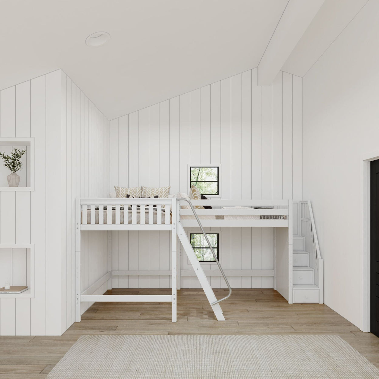 White wooden loft bed with slide and storage stairs in modern minimalist bedroom.