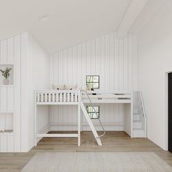 White wooden loft bed with slide and storage stairs in modern minimalist bedroom.