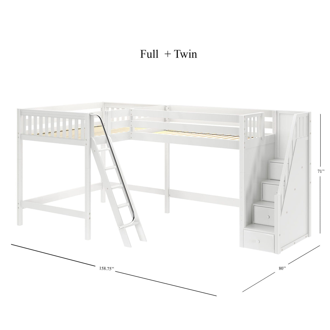 L-shaped white bunk bed with twin and full-size configuration, featuring a ladder and storage stairs, dimensions 158.75" L x 80" W x 71" H.