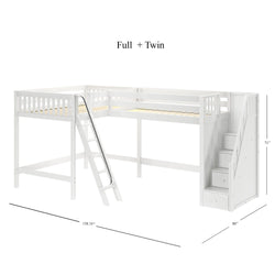 L-shaped white bunk bed with twin and full-size configuration, featuring a ladder and storage stairs, dimensions 158.75" L x 80" W x 71" H.