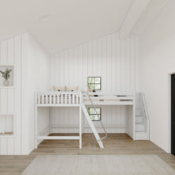 White loft bed with slide and storage in modern bedroom with wood flooring and shiplap walls.