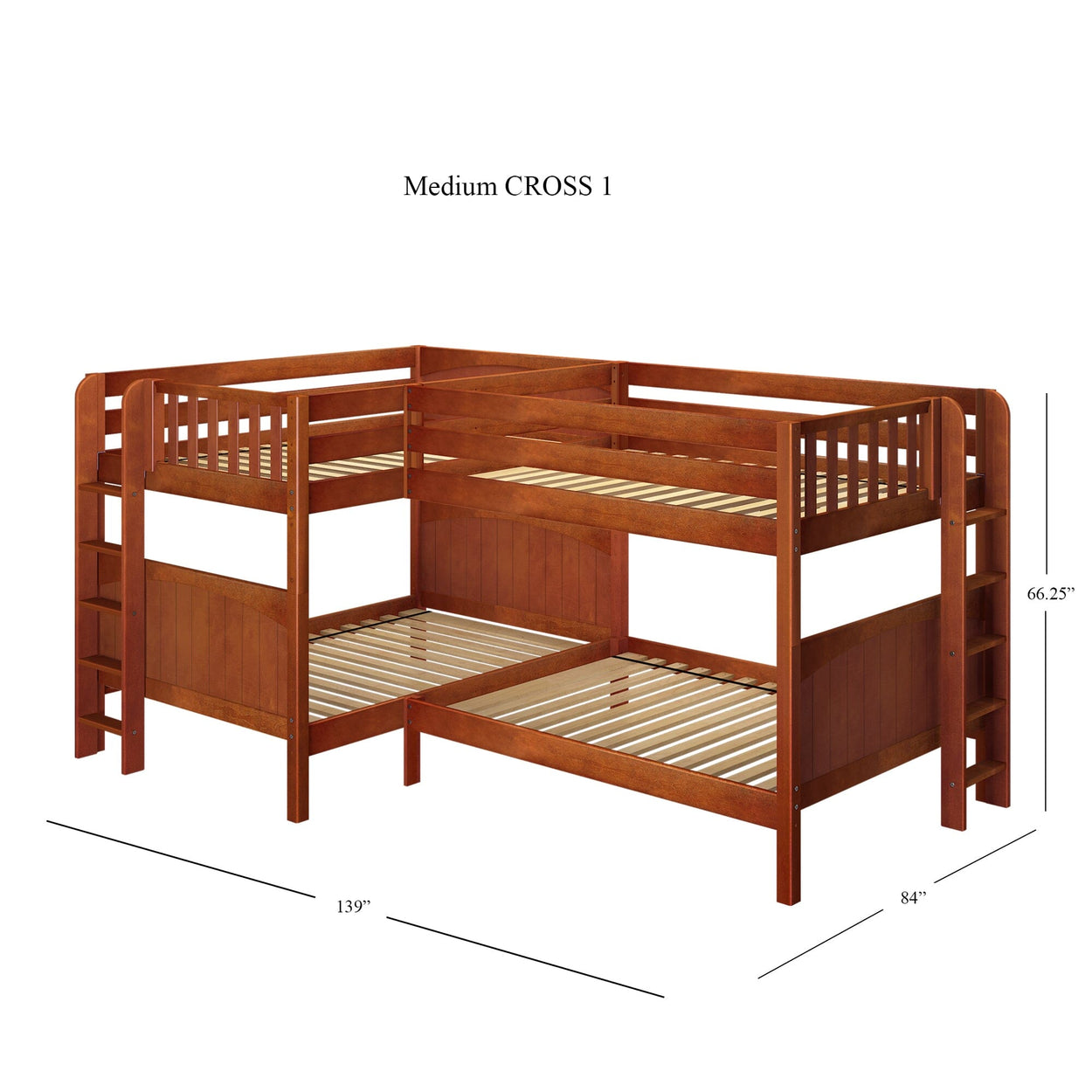 L-shaped wooden bunk bed with ladder and dimensions; ideal for maximizing bedroom space.