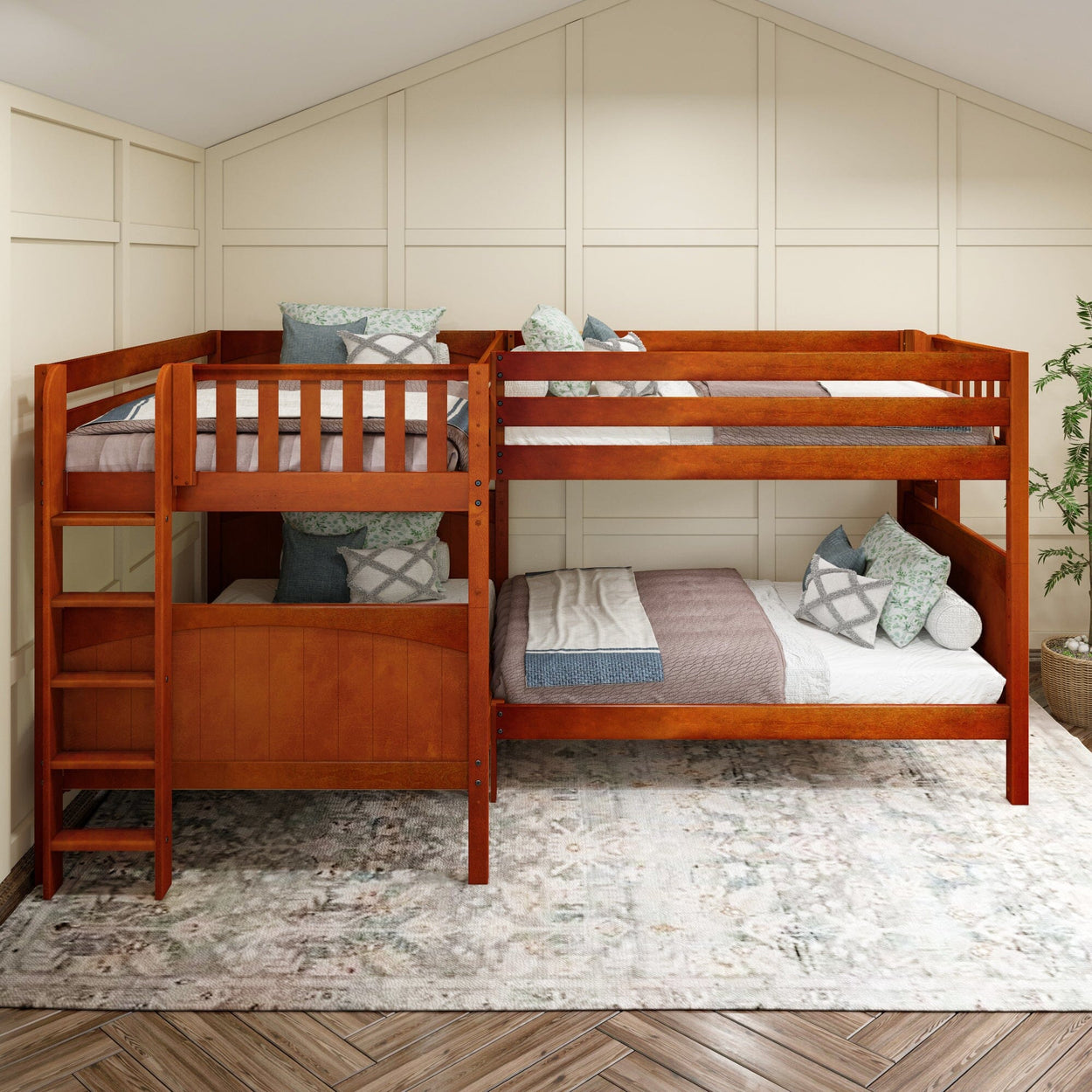 Wooden bunk beds with bedding in a cozy room setting.