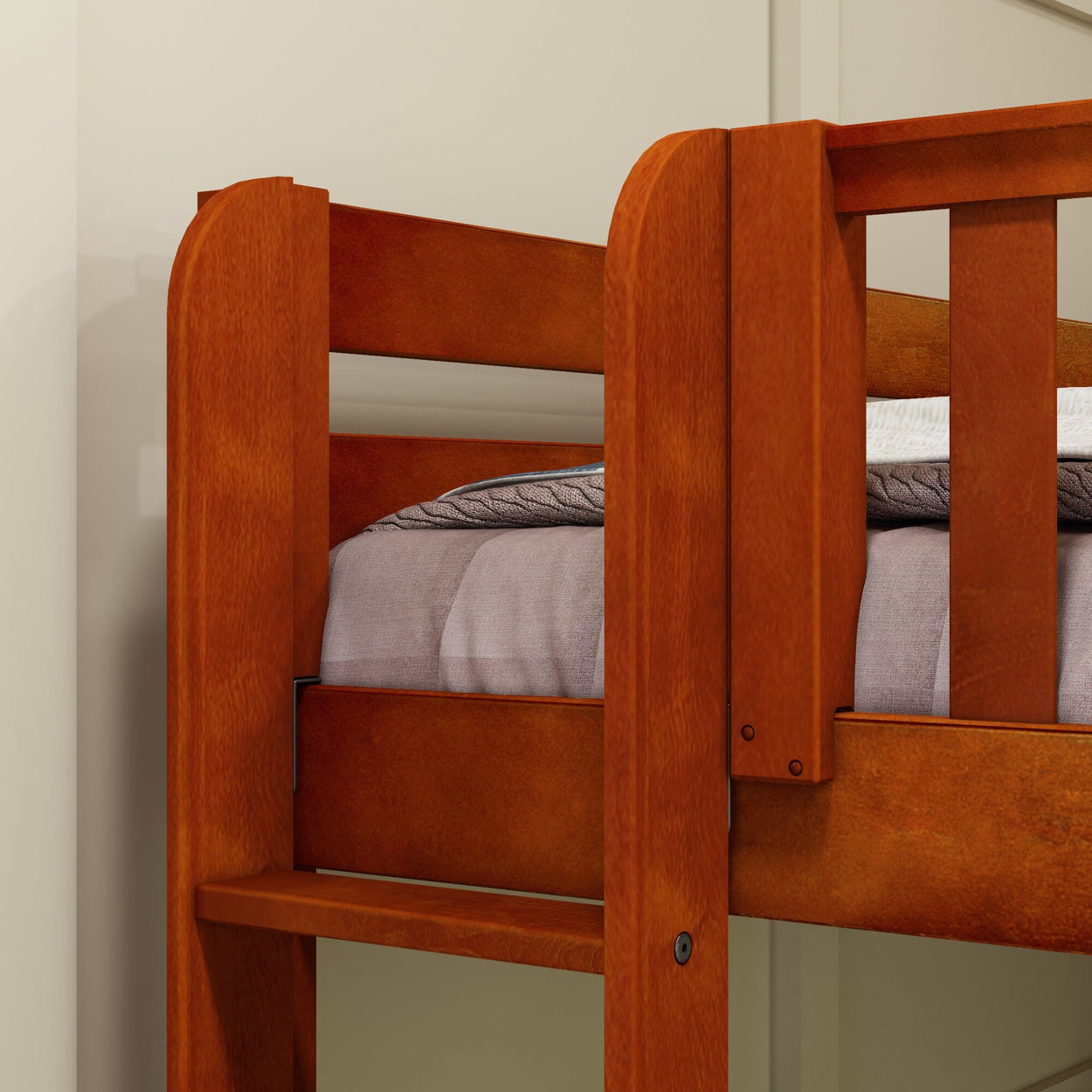 Top bunk bed with wooden frame and comfortable bedding in cozy bedroom setting.