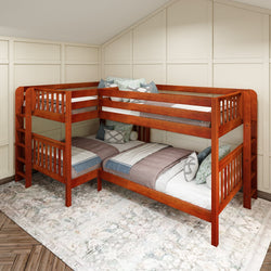 Wooden L-shaped bunk bed with bedding in a cozy room setting.