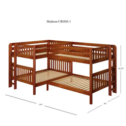 Solid wood medium-sized L-shaped triple bunk bed with ladder, perfect for maximizing space in kids' bedrooms.