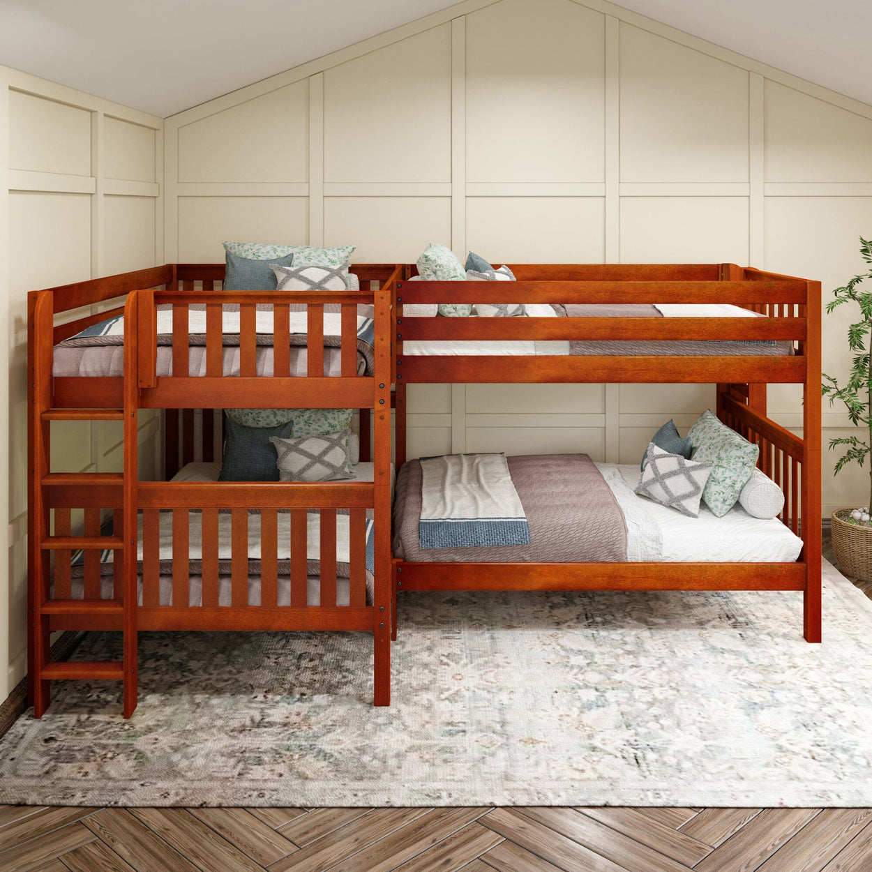 Solid wood bunk bed with ladder in modern bedroom design.