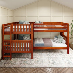 Solid wood bunk bed with ladder in modern bedroom design.