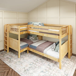 Wooden L-shaped bunk beds in a cozy bedroom with decorative pillows, ideal for maximizing space and comfort.