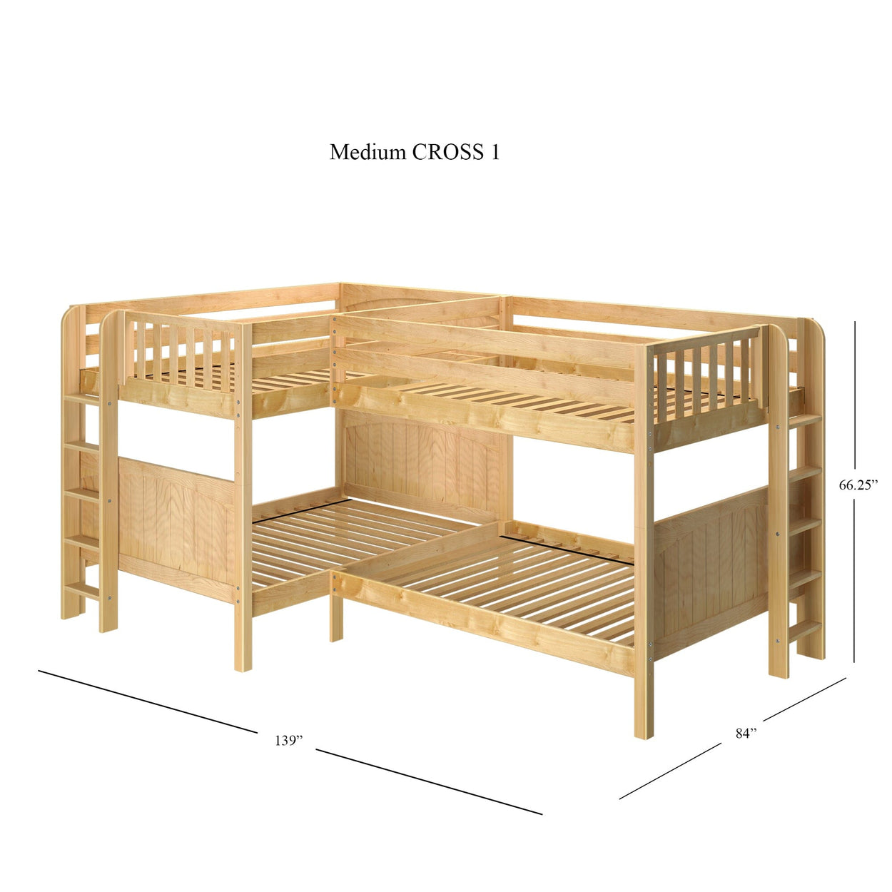 Corner triple bunk bed with ladders and wooden frame, ideal for maximizing space in kids' bedrooms.