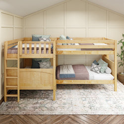 Wooden triple bunk bed with cozy bedding in modern bedroom setting.