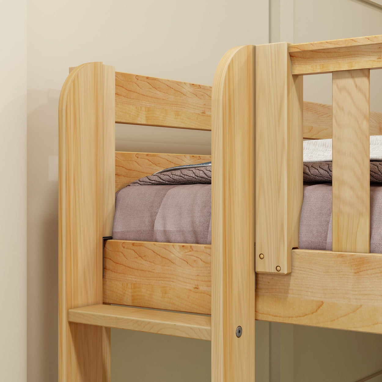 Wooden bunk bed with cozy bedding in modern bedroom setting.