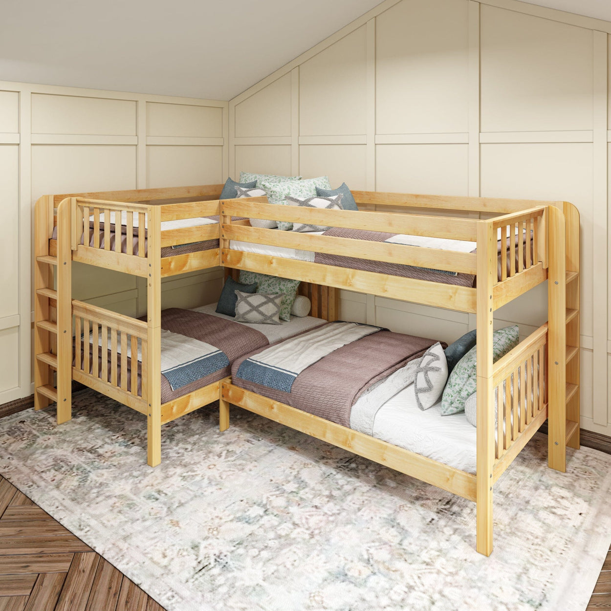 Wooden L-shaped bunk bed for kids with storage stairs in a cozy bedroom.