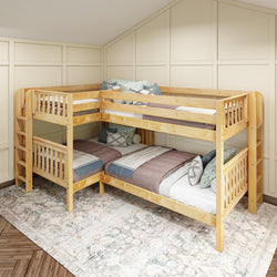 Wooden L-shaped bunk bed for kids with storage stairs in a cozy bedroom.